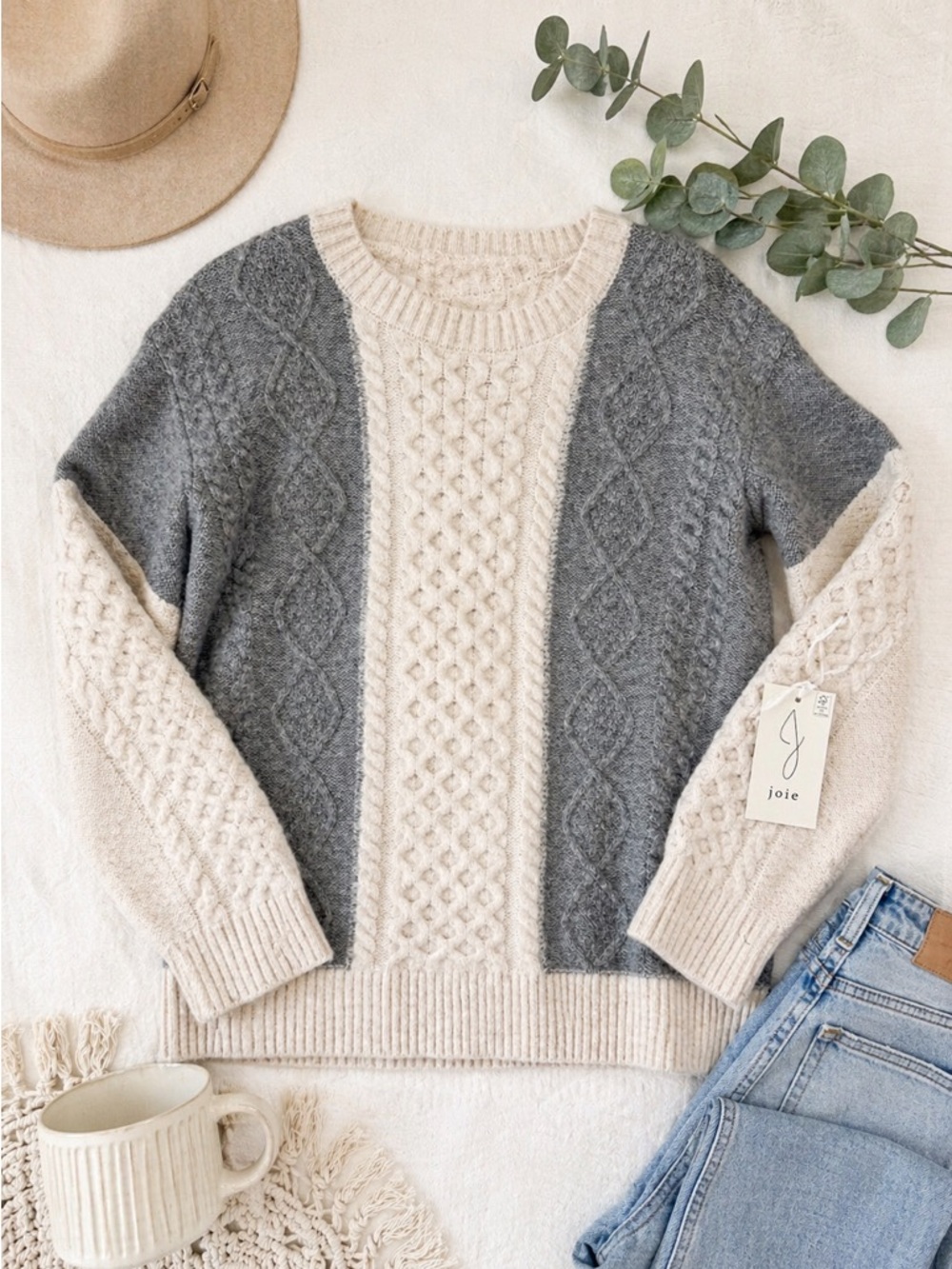 Joie Cable Knit Colorblock Sweater Cream Gray Size L NWT